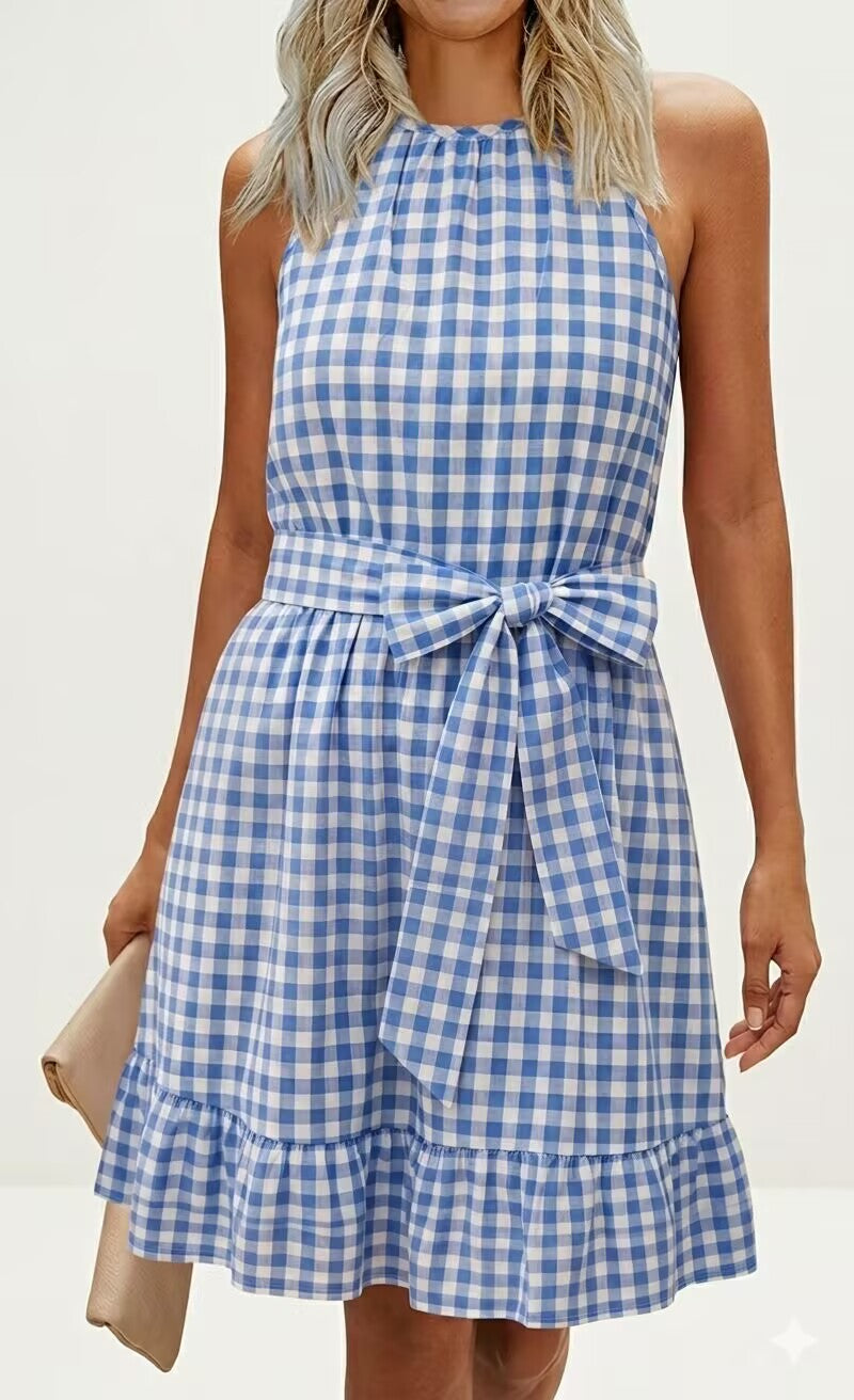 Women's Navy Gingham Dress 100% Cotton with Optional Bow