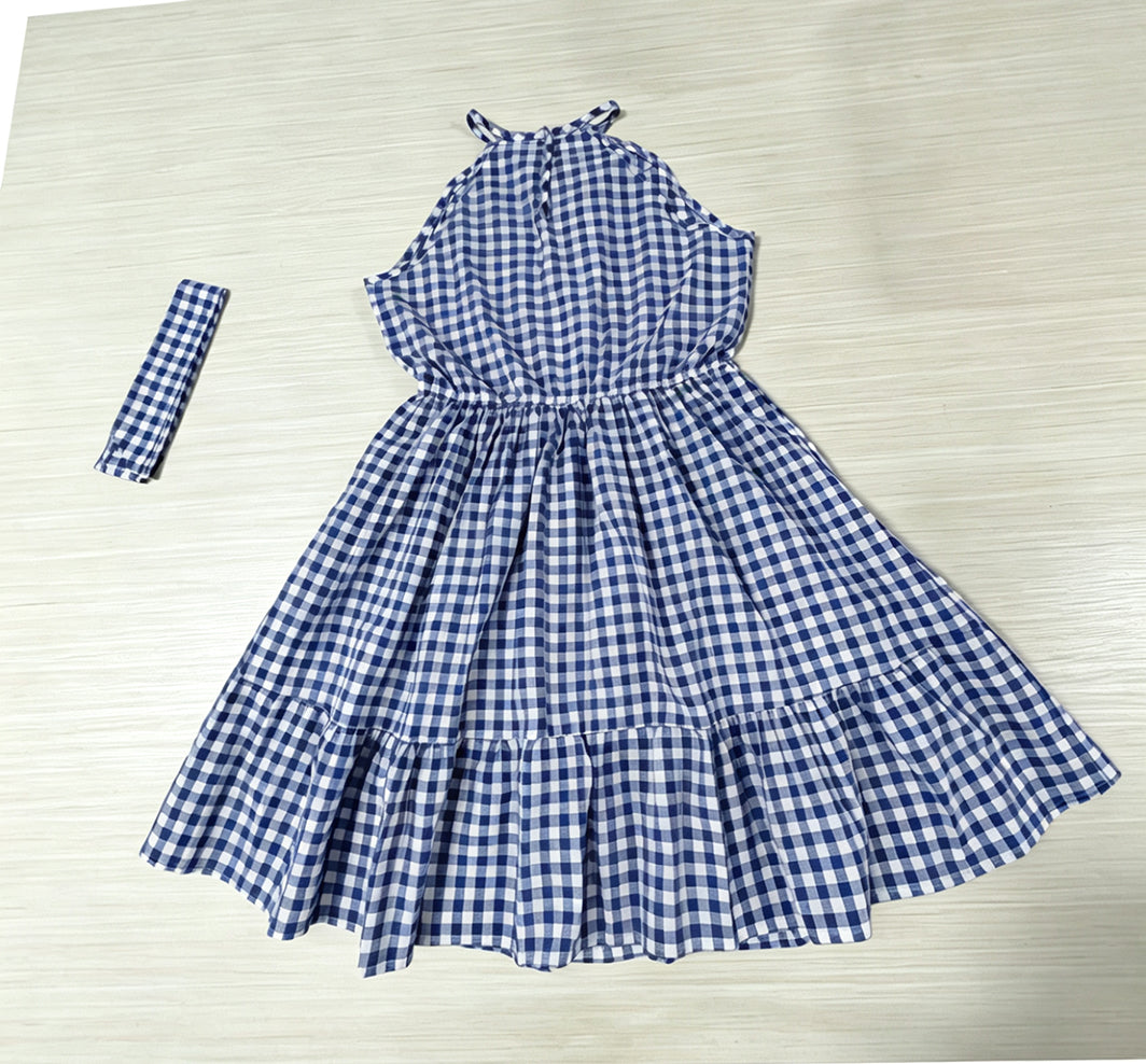 Women's Navy Gingham Dress 100% Cotton with Optional Bow