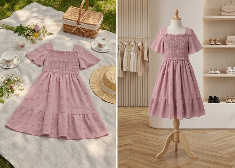 Girls Cotton Dress with Short Sleeves