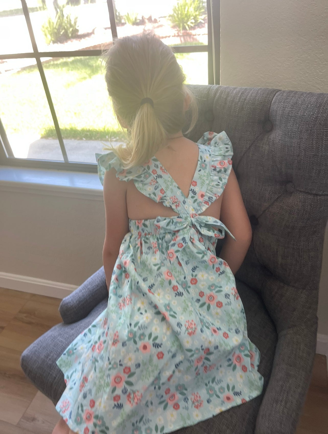 L.W. Clothing Company Blue Floral Girls Dress with Ruffle Sleeves and Open Tie Back