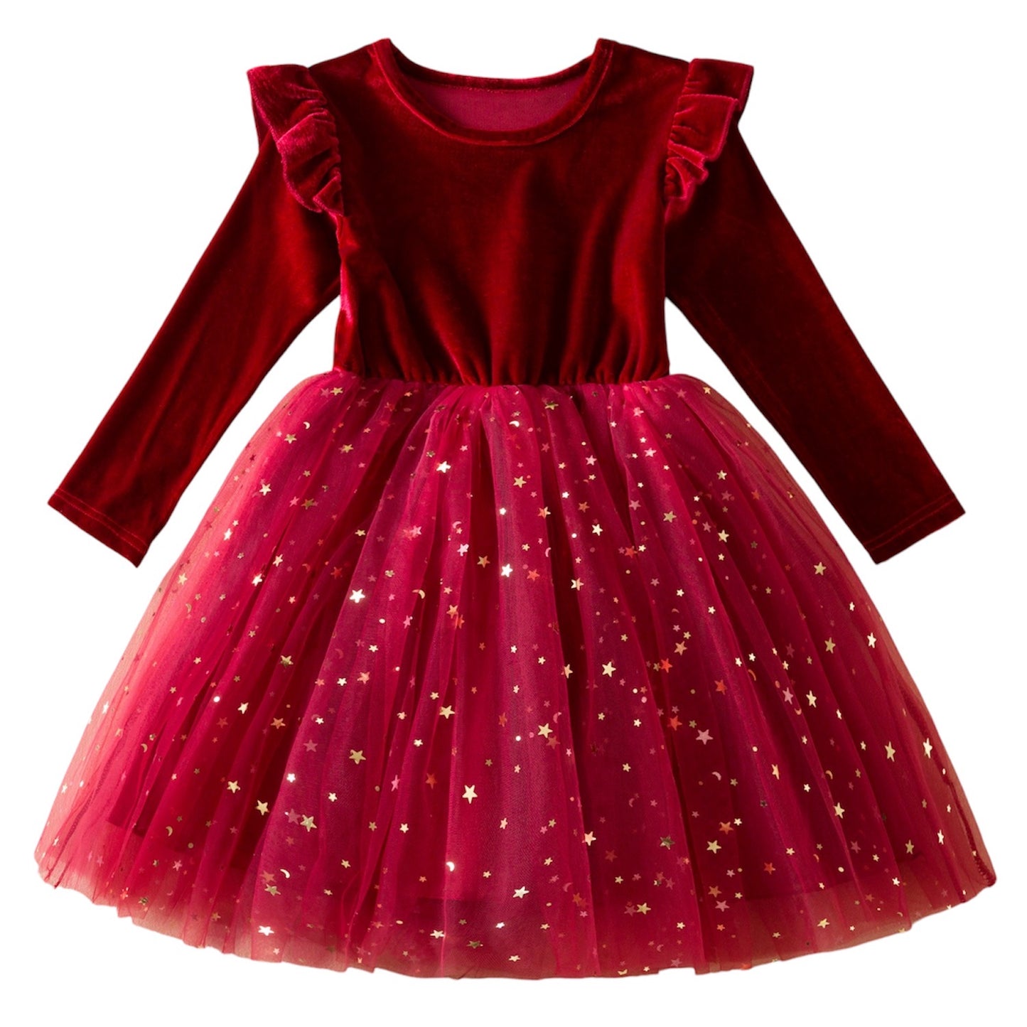 Sparkling Toddler and Girls Holiday Red Dress Velvet Tulle Fall Winter Long Sleeve Ruffle Occasion and Party Dress 2-7Y