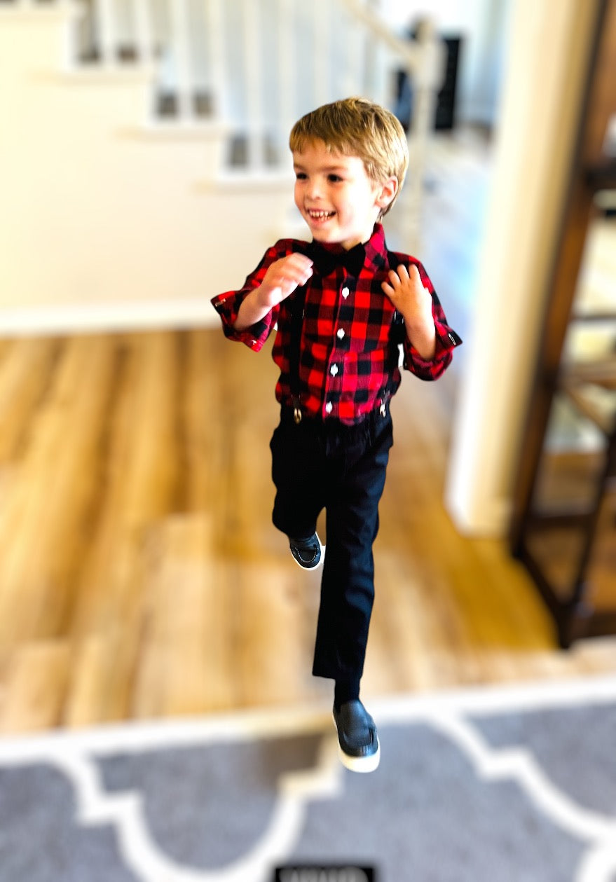 Toddler and Boys Dress Suit Bow Tie Shirts + Suspenders Pants Outfit Holiday Christmas Special Occasion