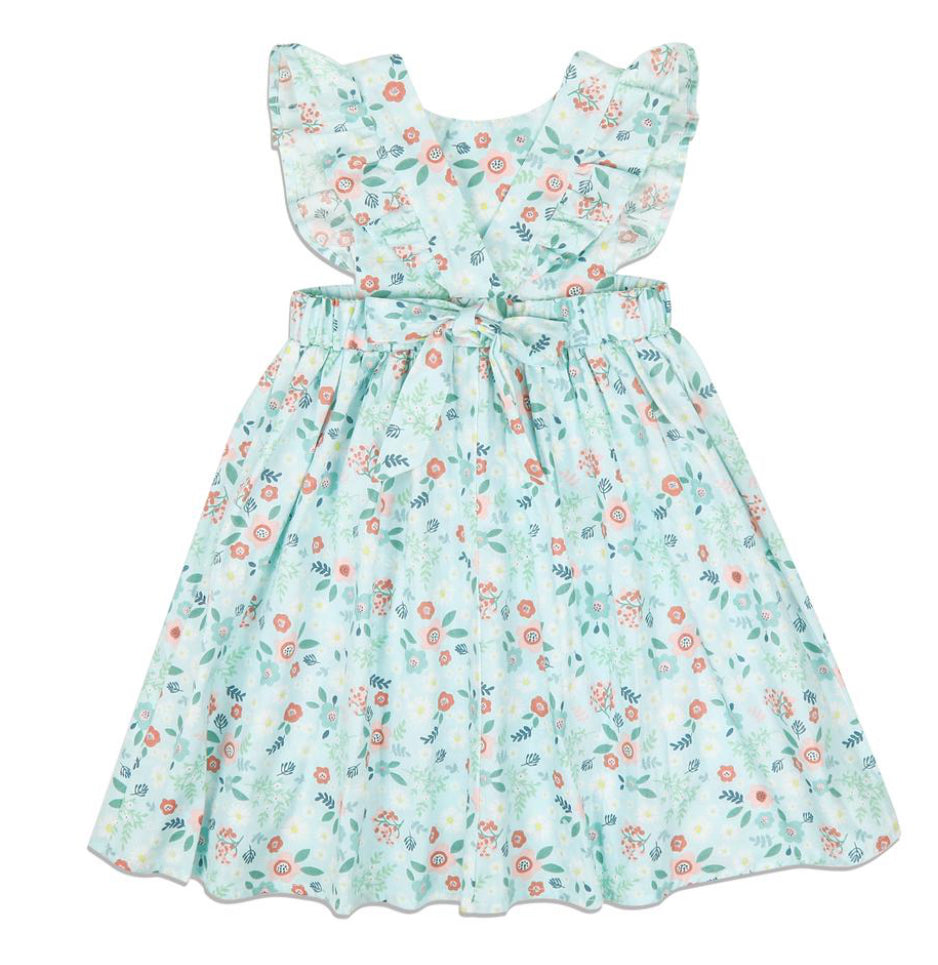 L.W. Clothing Company Blue Floral Girls Dress with Ruffle Sleeves and Open Tie Back