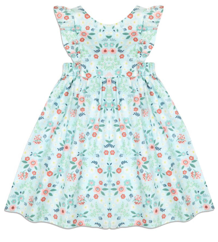 L.W. Clothing Company Blue Floral Girls Dress with Ruffle Sleeves and Open Tie Back