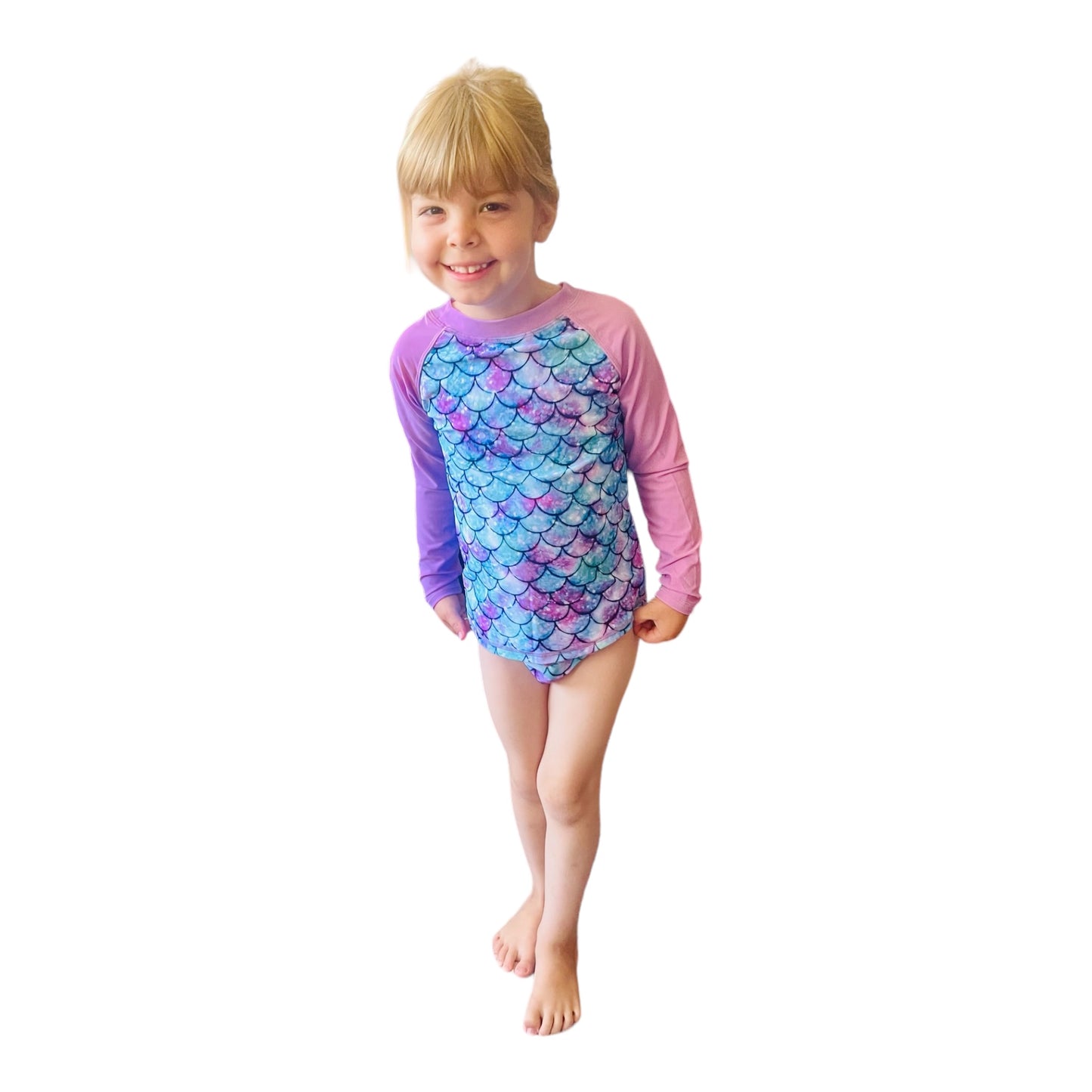 Girls' Mermaid Rash Guard Swimsuit with Long Sleeve Top and Ruffle Bottoms, UPF 50 Sun Protection, Purple Mermaid