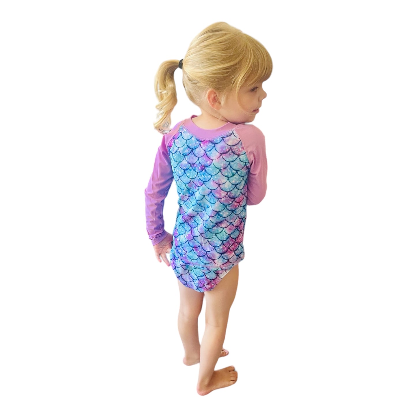 Girls' Mermaid Rash Guard Swimsuit with Long Sleeve Top and Ruffle Bottoms, UPF 50 Sun Protection, Purple Mermaid