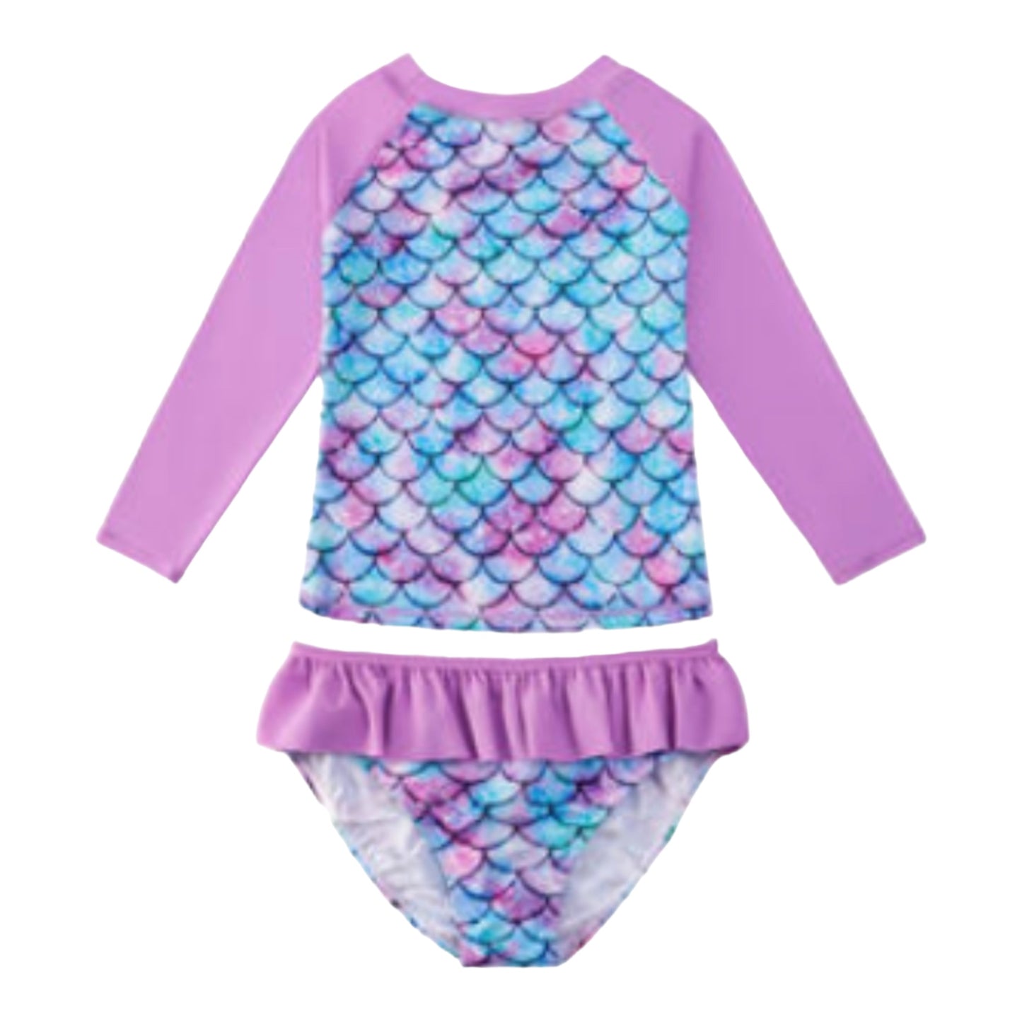 Girls' Mermaid Rash Guard Swimsuit with Long Sleeve Top and Ruffle Bottoms, UPF 50 Sun Protection, Purple Mermaid