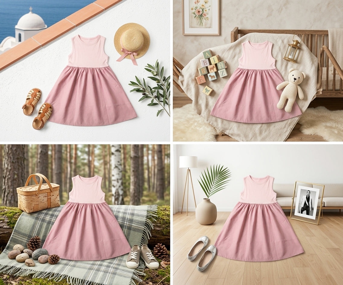 Girls Sleeveless Dress in Pink, 100% Cotton Lightweight